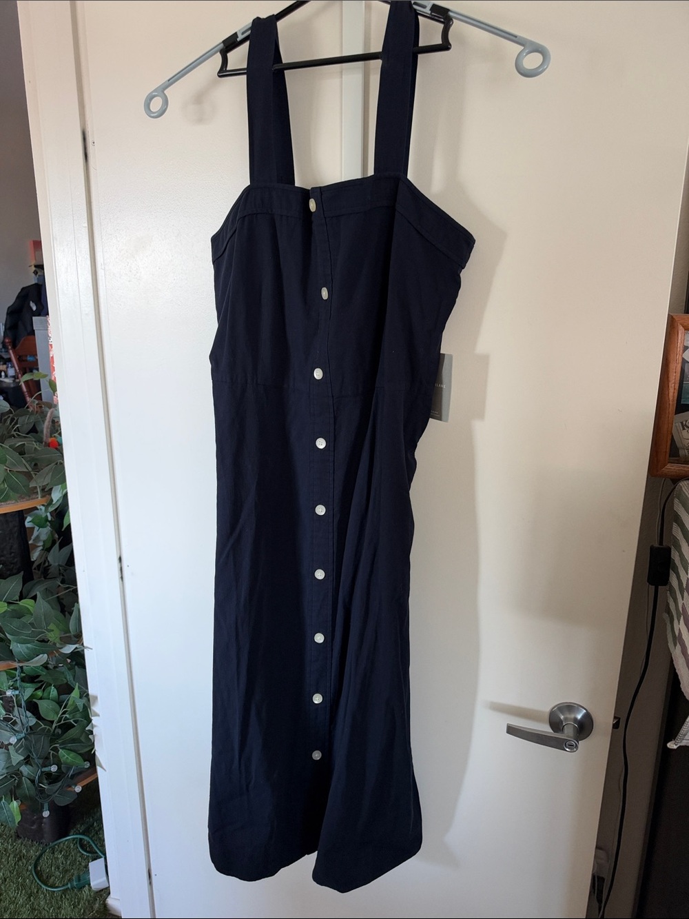 Everlane Button-Front Navy Midi Dress with Wide Straps Zipperside